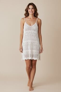 Ivory Crochet Lace Mini Dress Spaghetti Strap Boho Beach Swim Cover Up Sz M